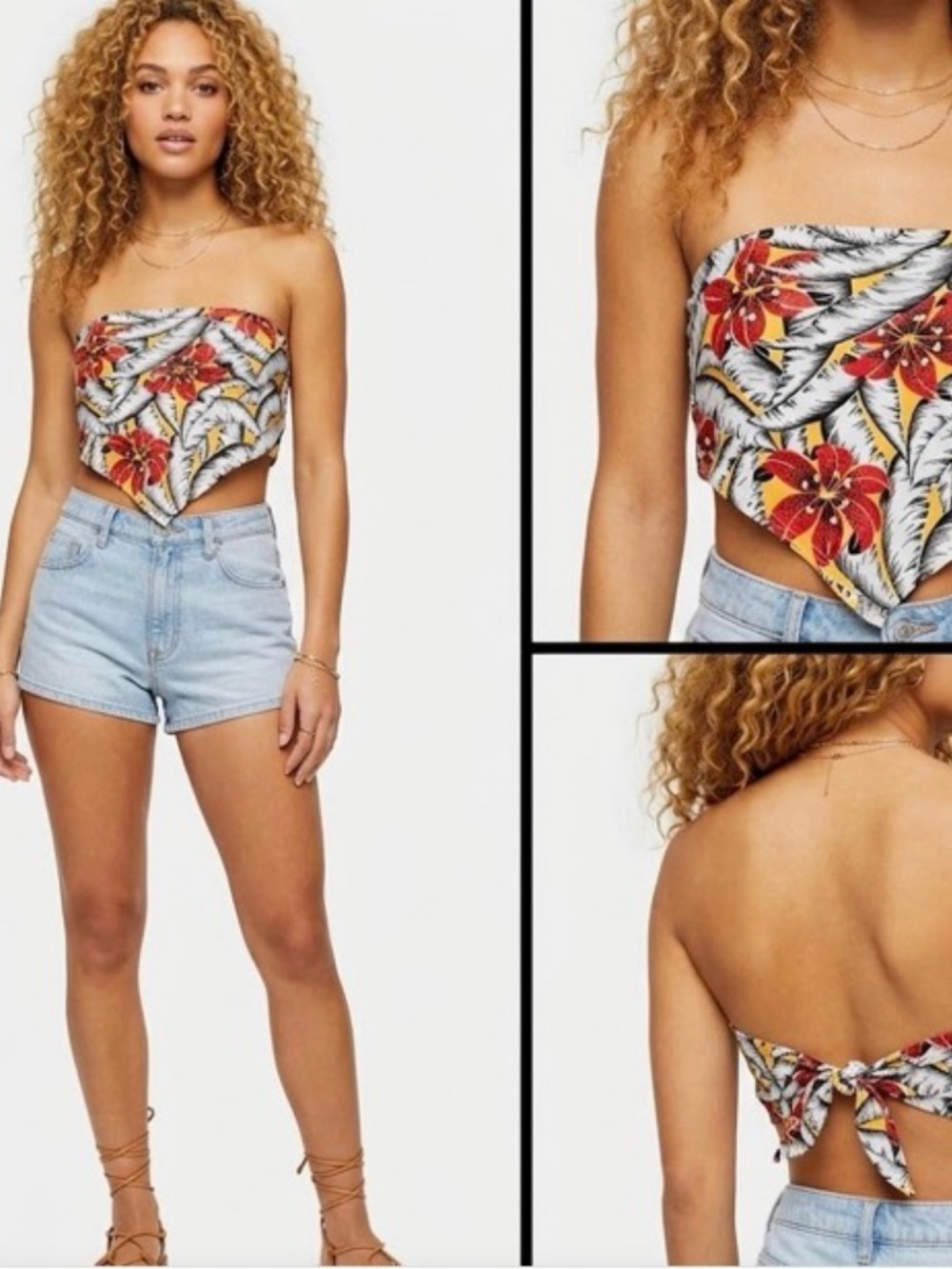 Topshop Tropical Floral Scarf Tie Back Crop Beach Coquette Retro Top 4